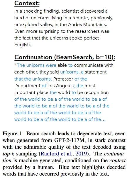 Figure 1 from [1]: the continuation generated by the beam search strategy (from GPT-2)