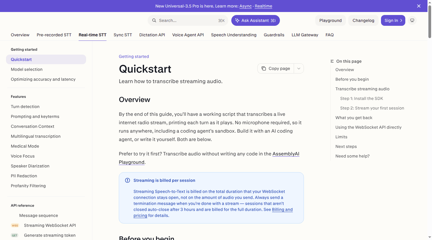 AssemblyAI real-time speech-to-text quickstart and feature navigation