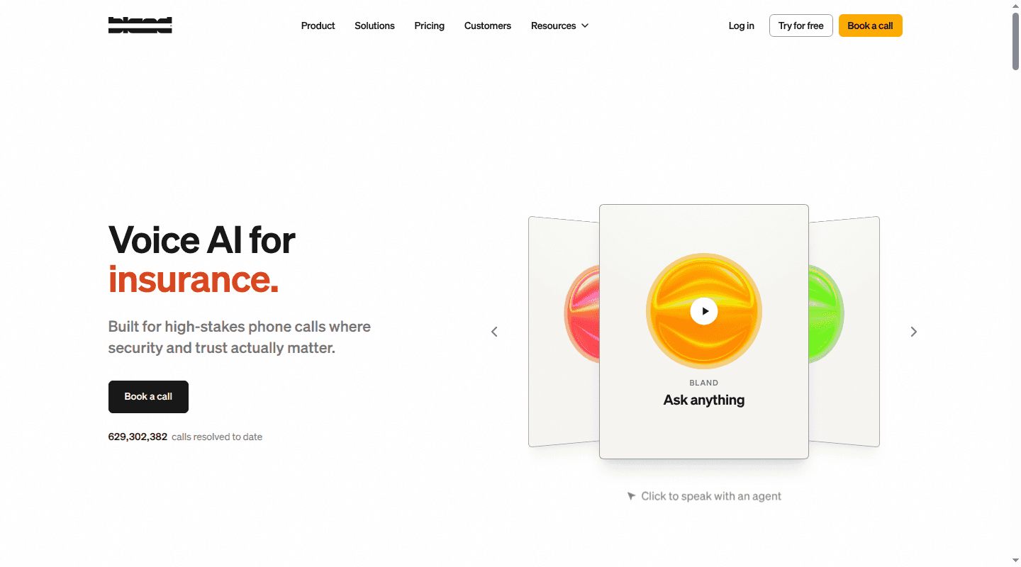 Bland homepage showing its Voice AI for insurance message and interactive agent demo