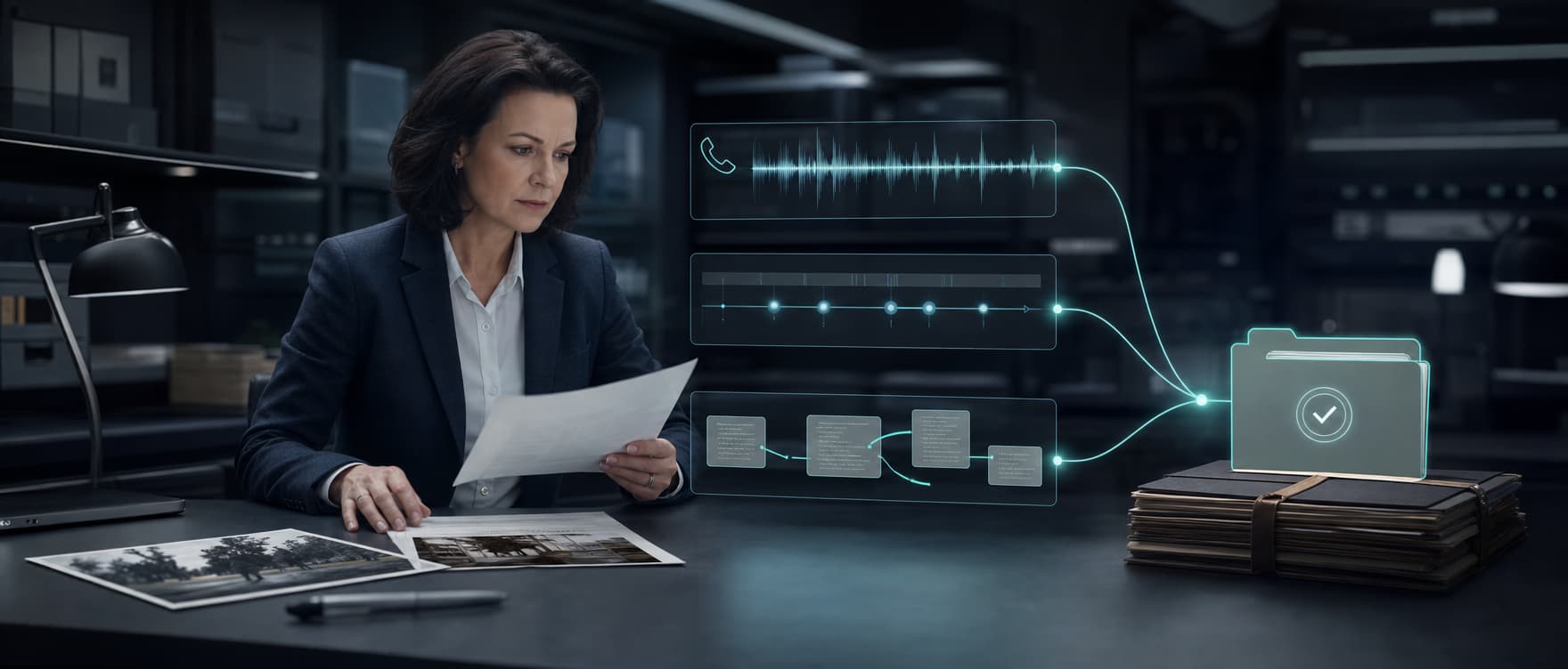 Investigator tracing recordings, documents, and timelines into an approved case record