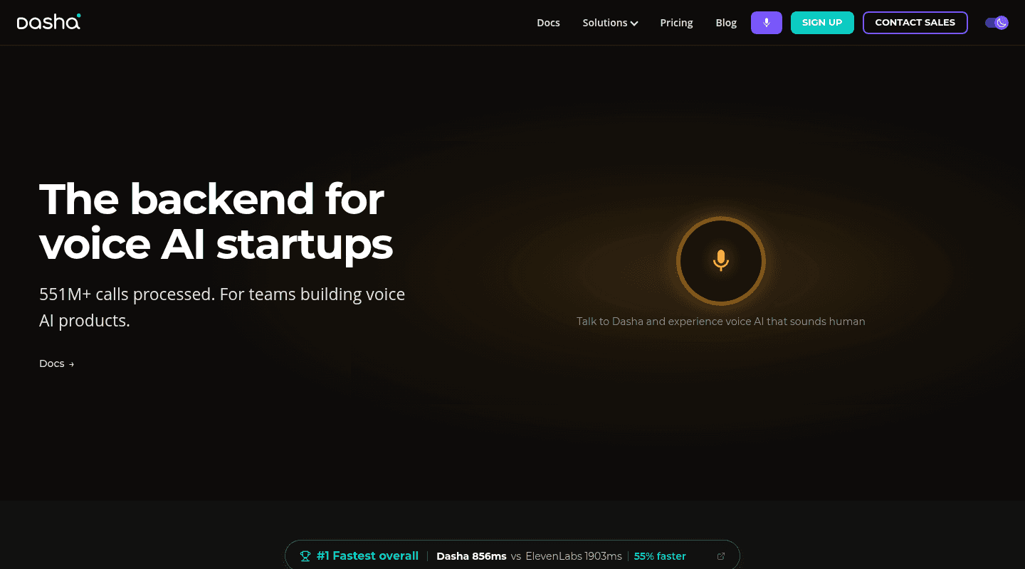 Dasha voice AI backend homepage