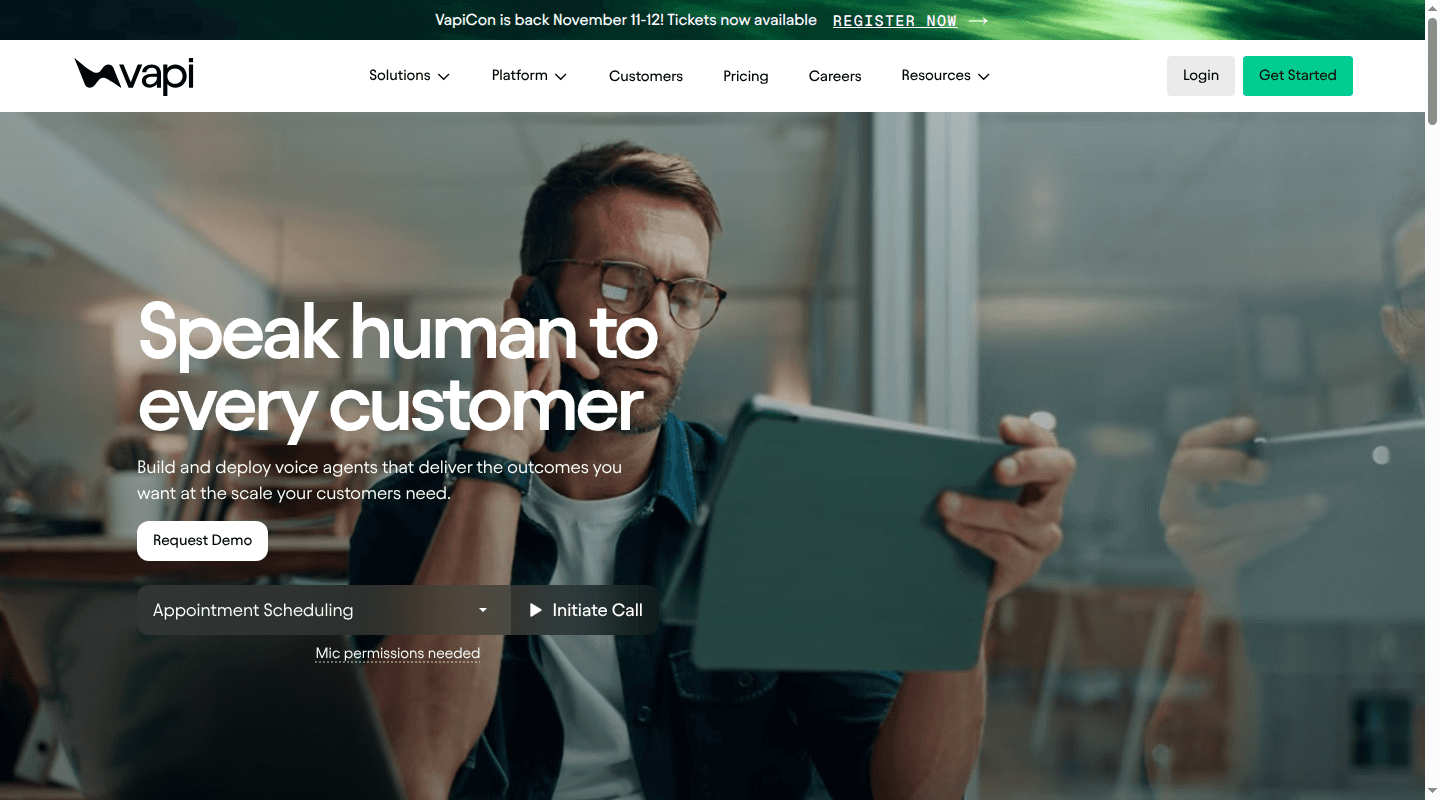 Vapi homepage describing its voice agent platform for developers