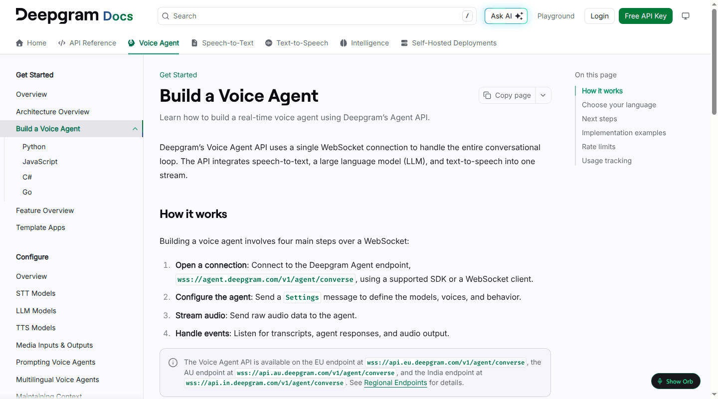Deepgram Voice Agent API documentation showing its single-WebSocket conversational pipeline