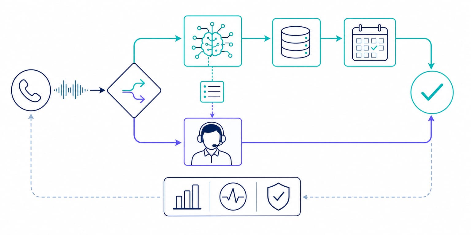 Incoming calls routed to a bounded voice AI workflow or a human agent, with context handoff and shared quality monitoring.