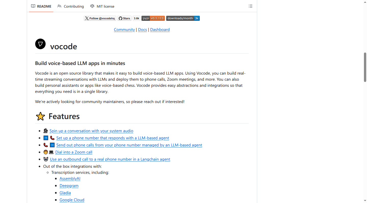 Vocode's open-source repository showing the project overview and its request for community maintainers