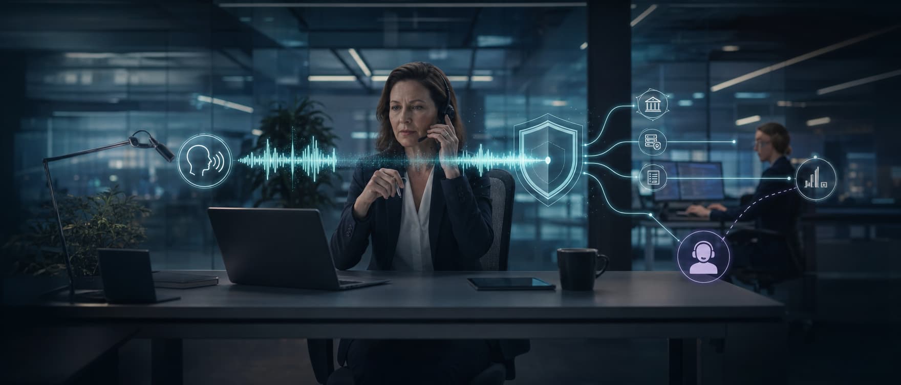 A human banking specialist supervises an AI-assisted voice workflow while bank-owned controls remain authoritative