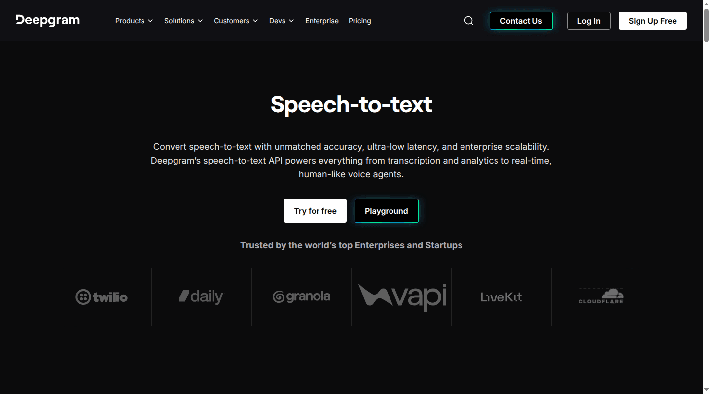 Deepgram speech-to-text page showing its streaming transcription product