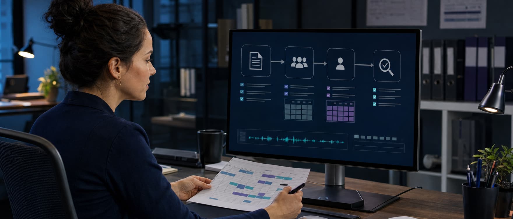 Clinical research coordinator reviewing a bounded AI-supported trial workflow