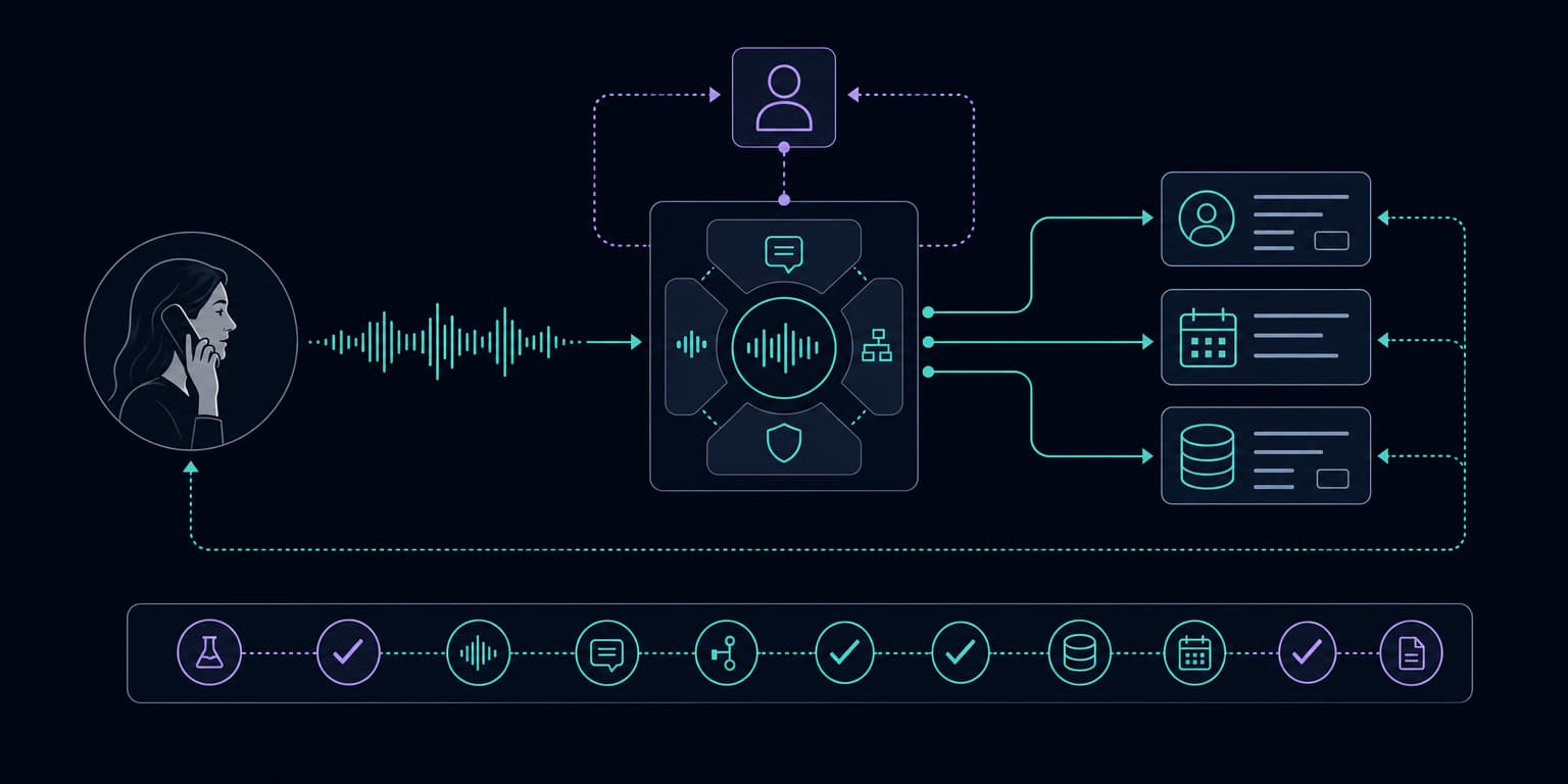 Closed-loop voice automation from caller through runtime, business systems, human handoff, and operational trace