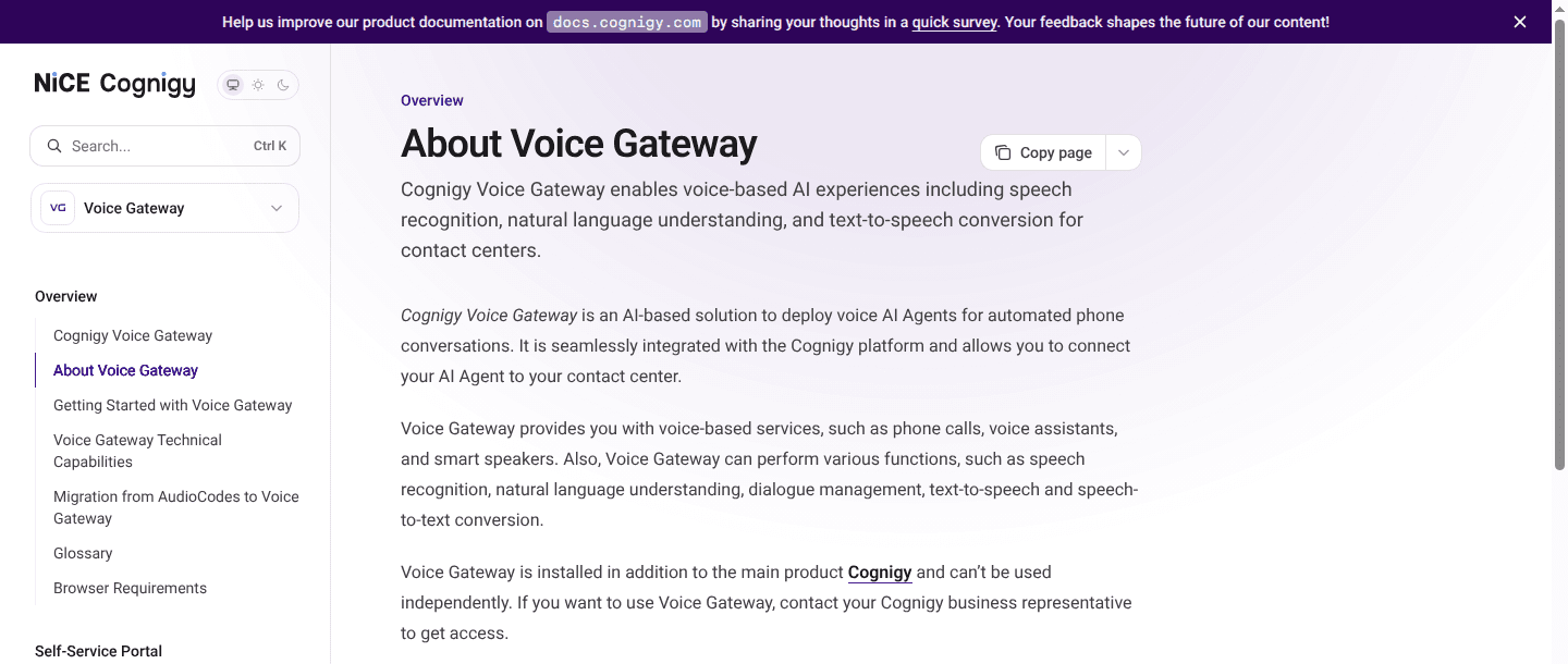 NiCE Cognigy documentation showing Voice Gateway