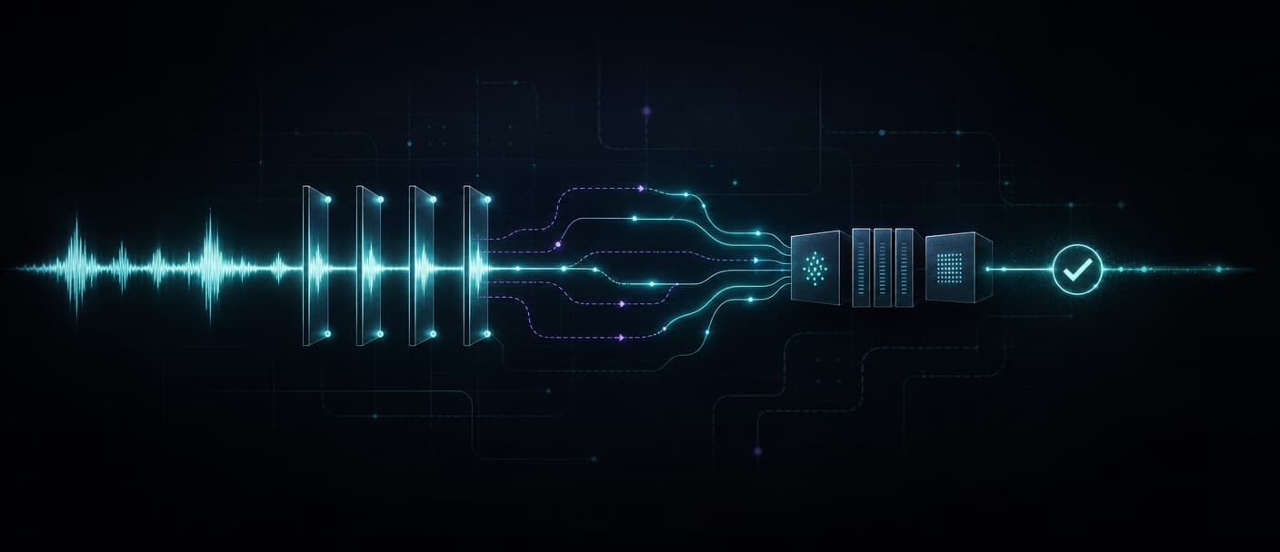 Speech waveform passing through metering, streaming, feature, and capacity stages to an accepted outcome