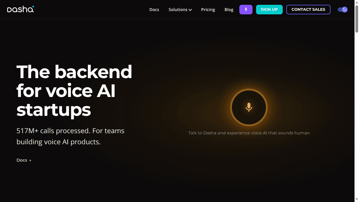 Dasha website showing its production voice AI platform