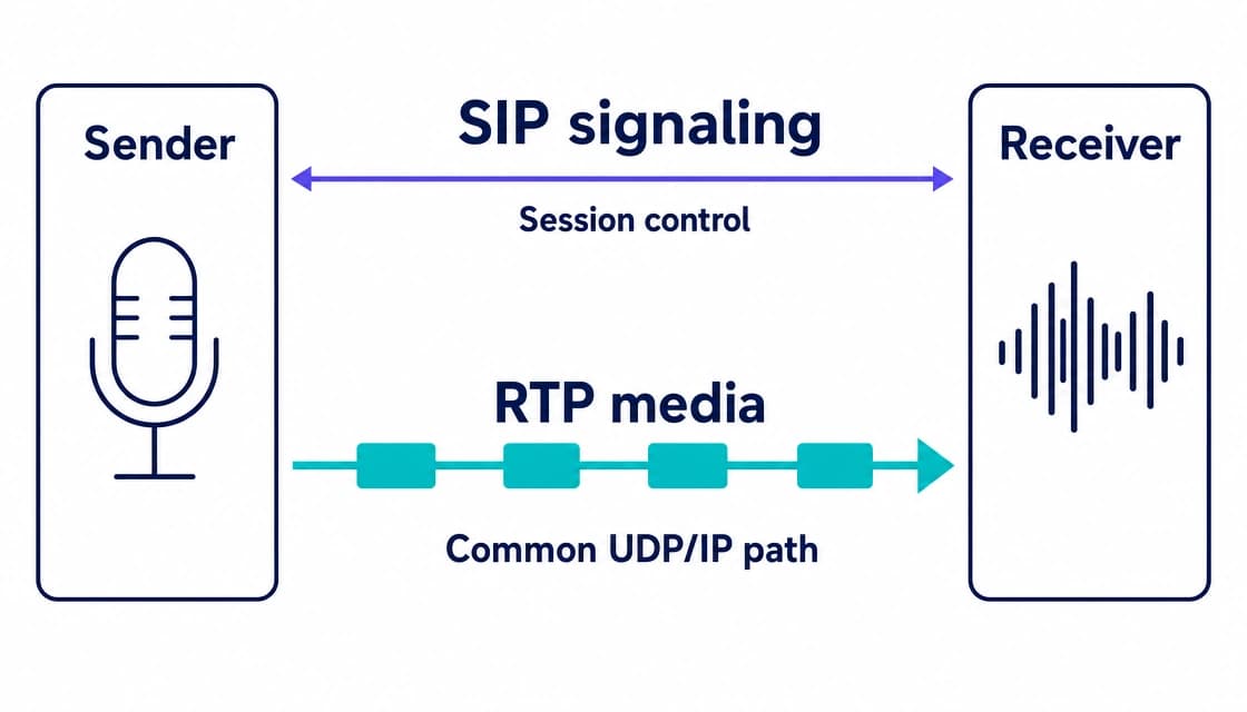 SIP signaling and RTP media follow separate paths between voice endpoints