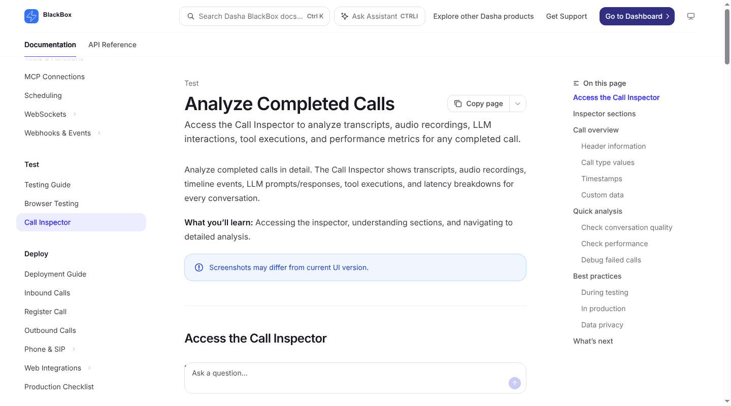 Dasha Call Inspector documentation for completed-call analysis