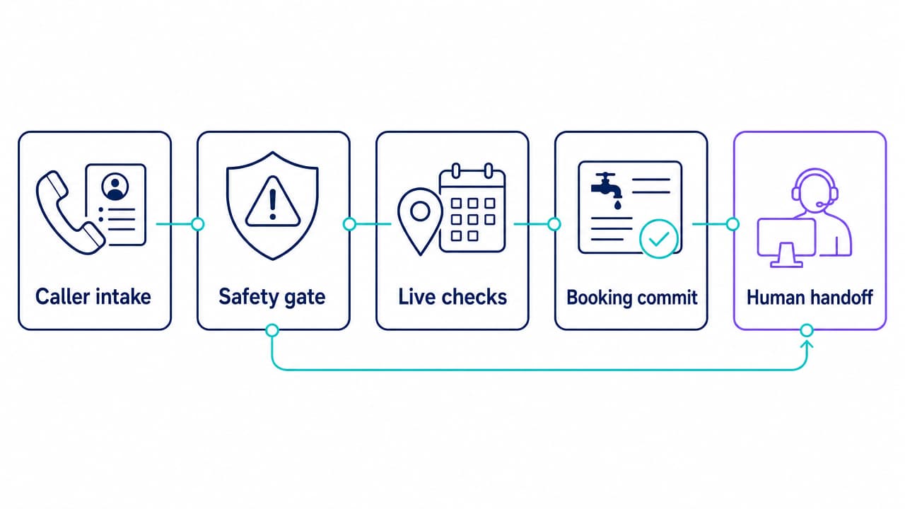 Safe plumbing call workflow from caller intake through safety, live checks, booking, and human handoff
