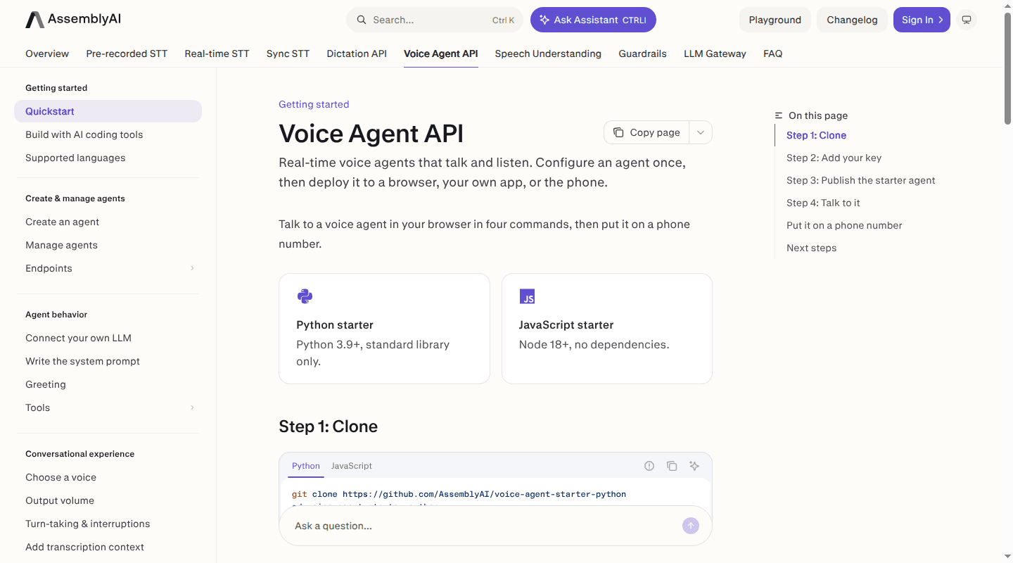AssemblyAI Voice Agent API documentation and adjacent speech product navigation