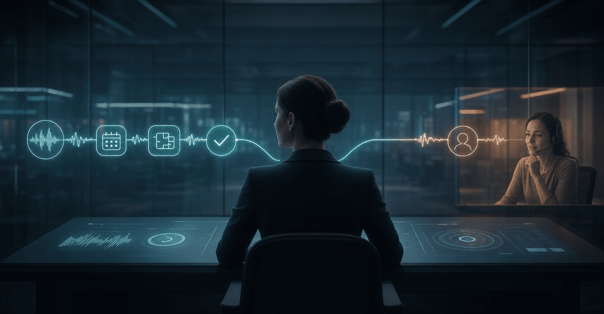 A voice AI operator at a decision point between a structured automated call flow and a human handoff