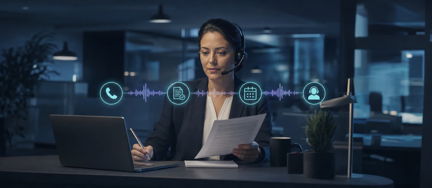 A public-service coordinator managing a voice call through approved information, scheduling, and human handoff steps