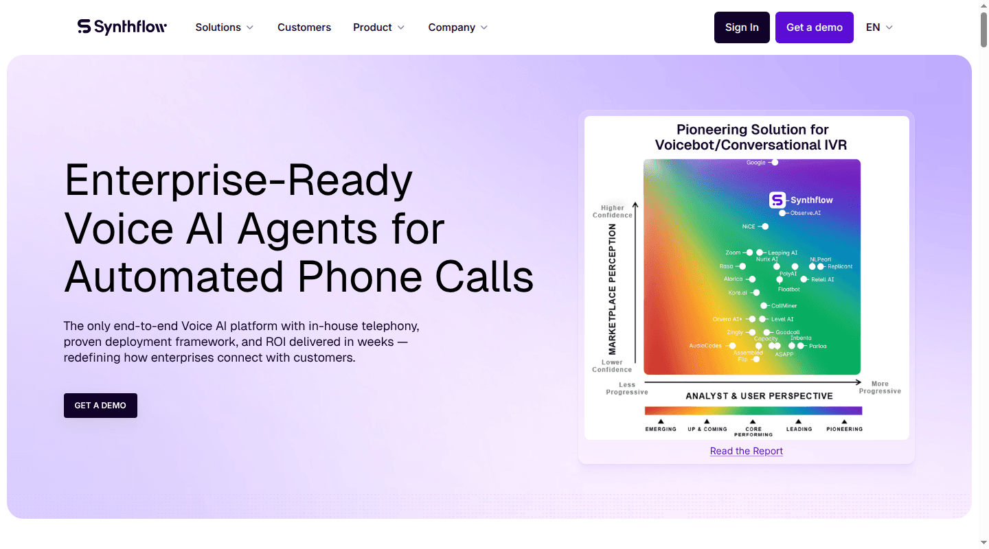 Synthflow homepage promoting enterprise voice AI agents for automated phone calls
