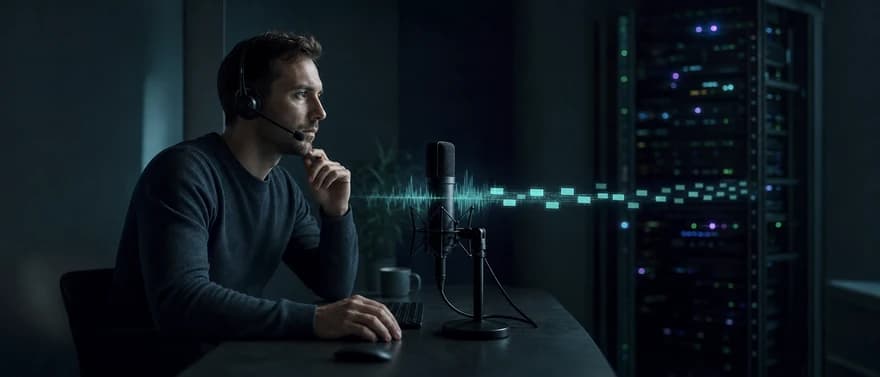 An engineer listens to live audio as discrete teal packets connect a microphone to network infrastructure.