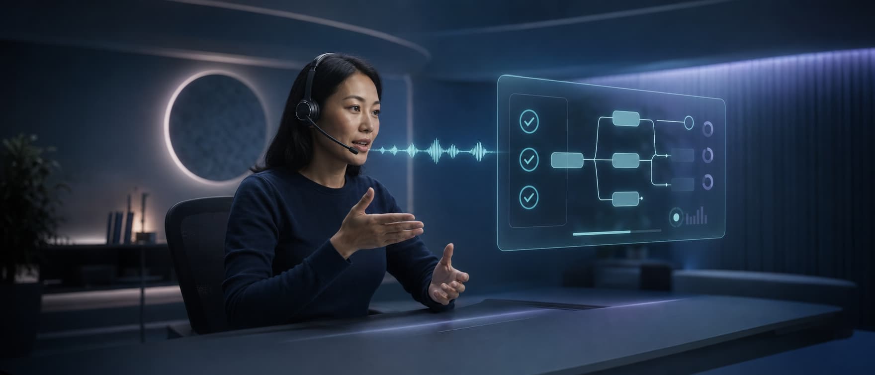 An employee practices a voice scenario with transparent coaching criteria