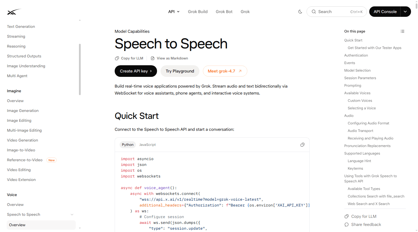 xAI Speech to Speech WebSocket quickstart in the developer documentation