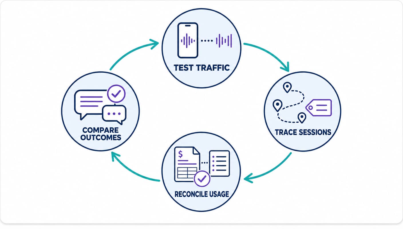 Production pilot loop from test traffic to session tracing, usage reconciliation, and outcome comparison