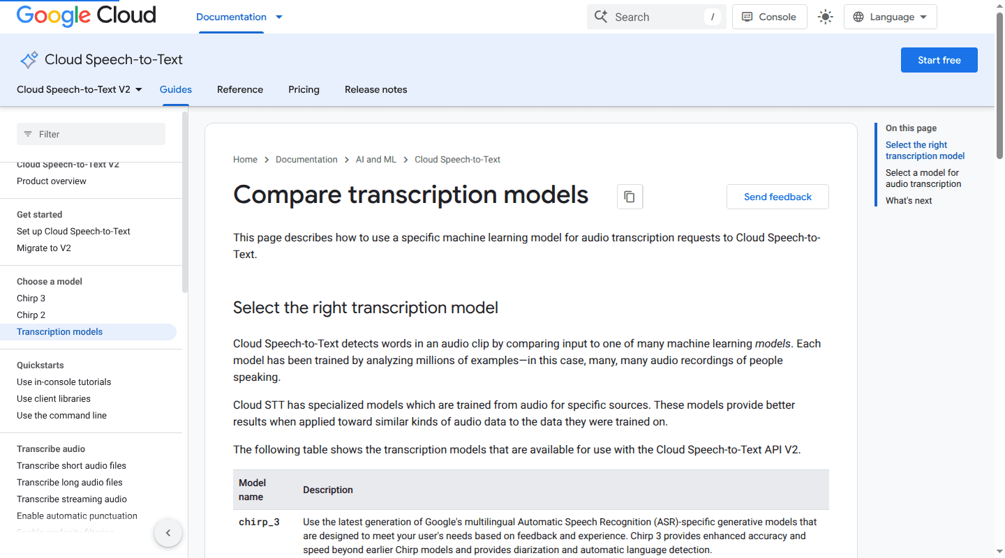 Google Cloud documentation comparing speech transcription models