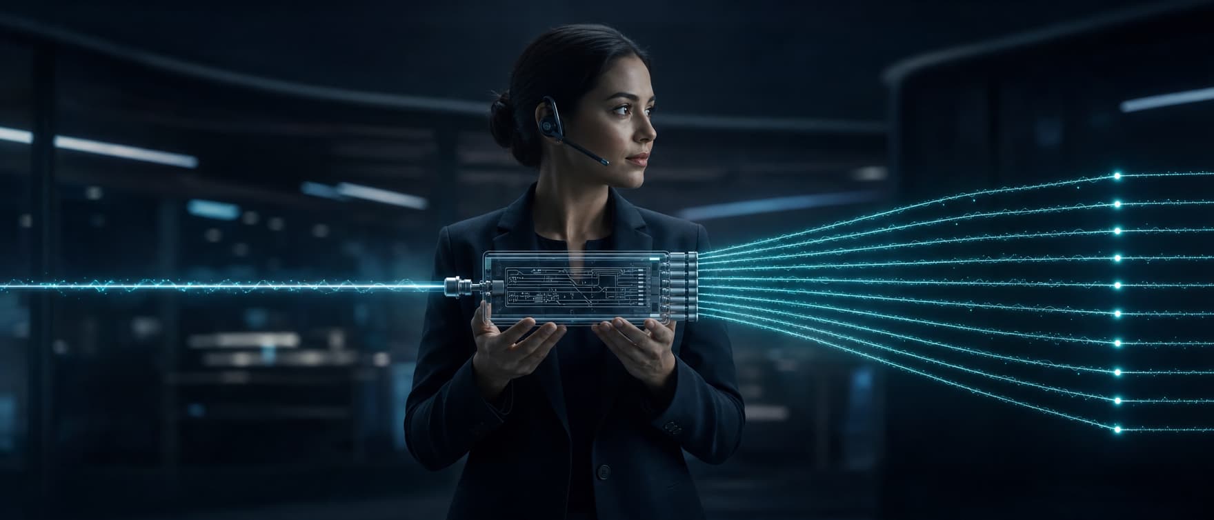 Voice-network engineer holding a gateway that splits one call path into many