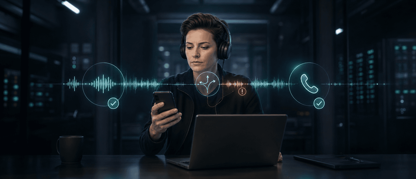 Technical QA engineer testing a voice agent across waveform, interruption, and phone-call outcome checks.