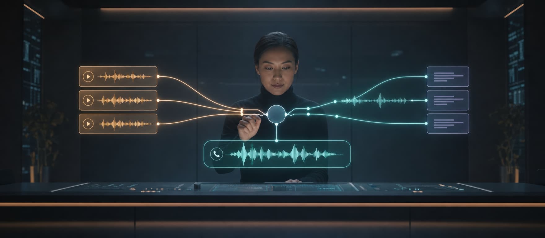A voice product engineer routes fixed recorded audio and live synthesized speech into one coherent phone conversation.