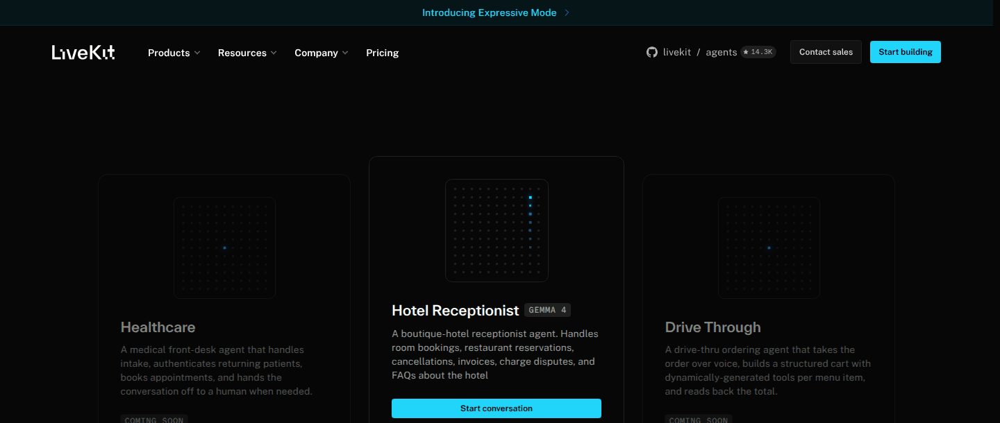 LiveKit Agents website showing deployable voice agent examples