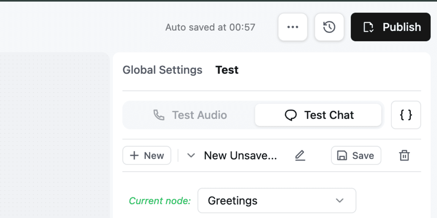 Retell test panel shows audio and chat modes, test-case controls, and current-node selection