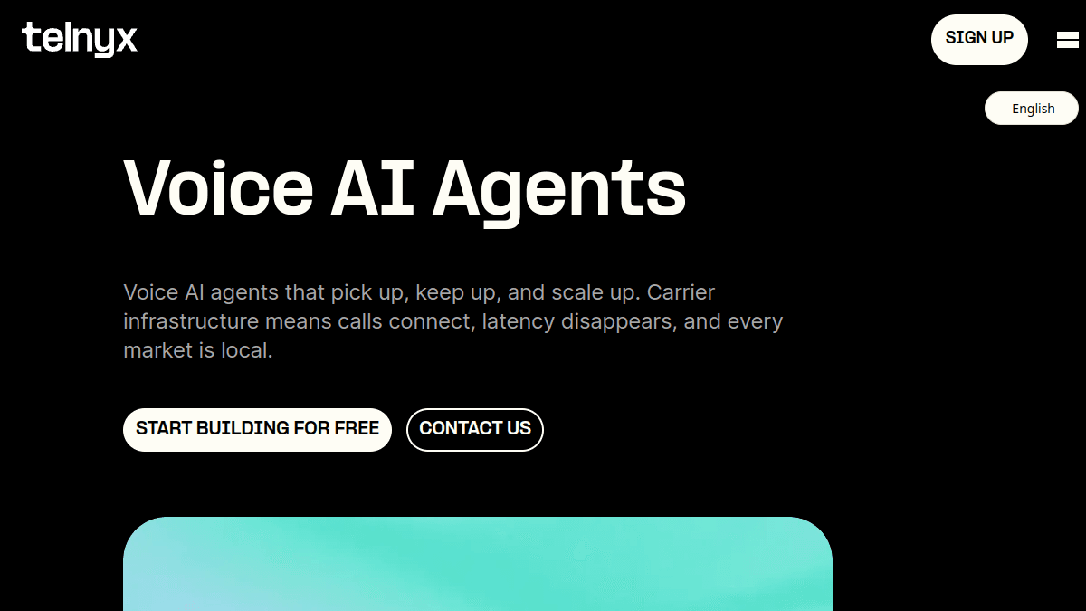 Telnyx website showing its voice AI agent platform