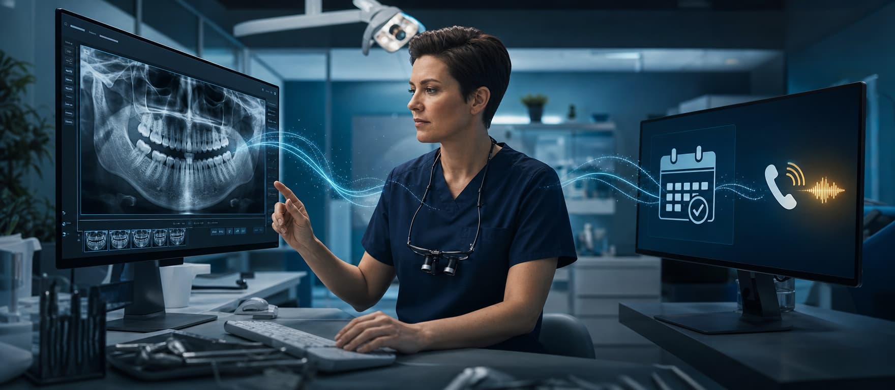 Dentist reviewing a radiograph beside a connected appointment workflow