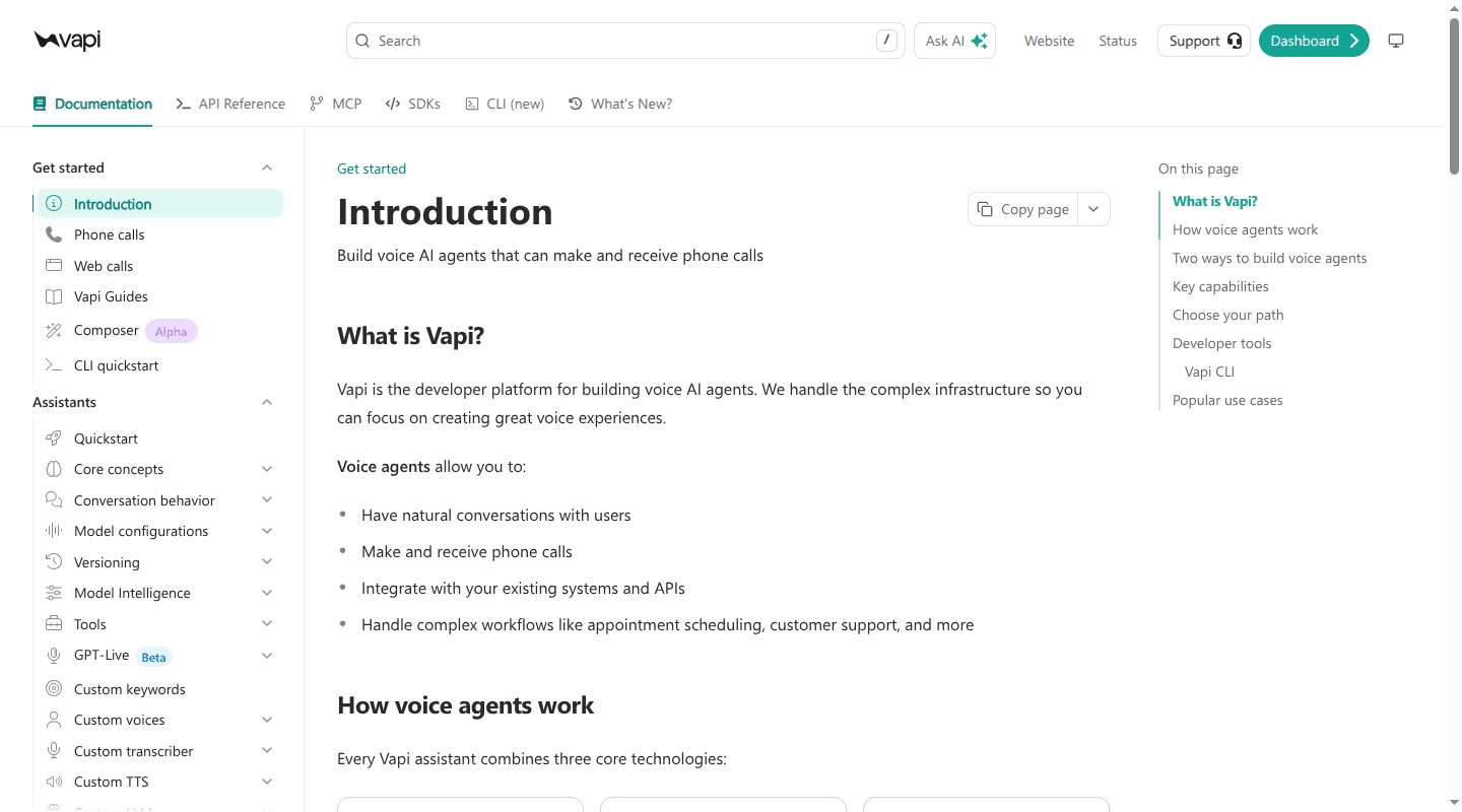 Vapi documentation showing its configurable voice-agent platform