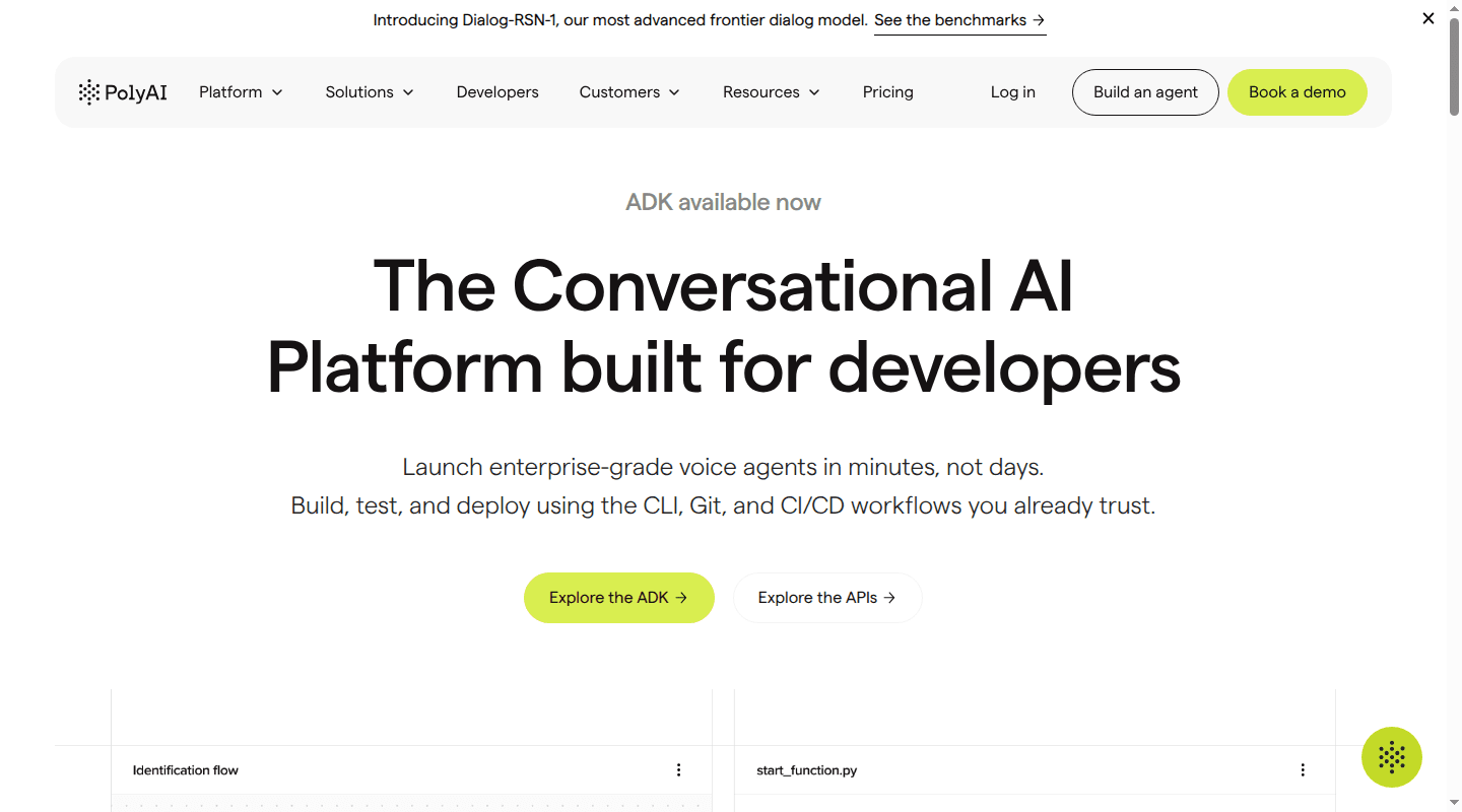 PolyAI developer platform showing ADK, API, CLI, and Git workflows