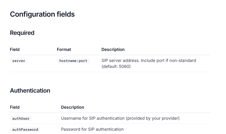 Dasha SIP credential fields for server and authentication