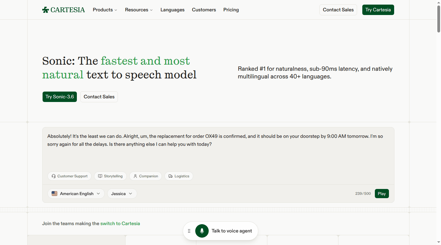 Cartesia Sonic text-to-speech product page