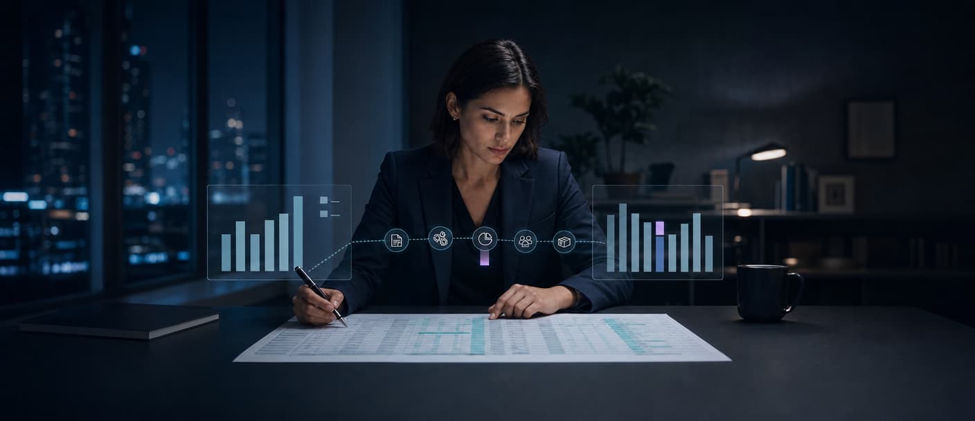 Finance analyst reviewing budget variances and operating drivers
