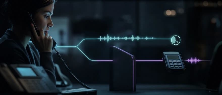 A voice call separating into conversational and protected payment paths