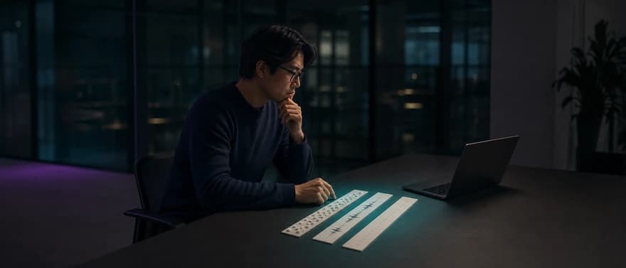 Developer comparing text, audio and time measuring strips.