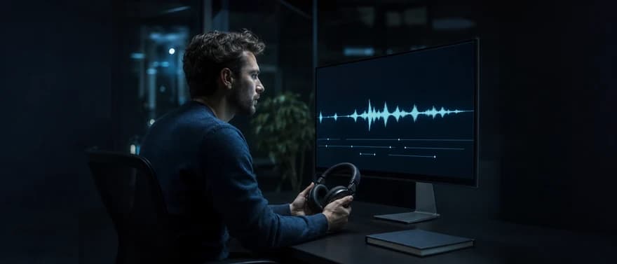 An engineer reviewing voice-call evidence at a workstation.