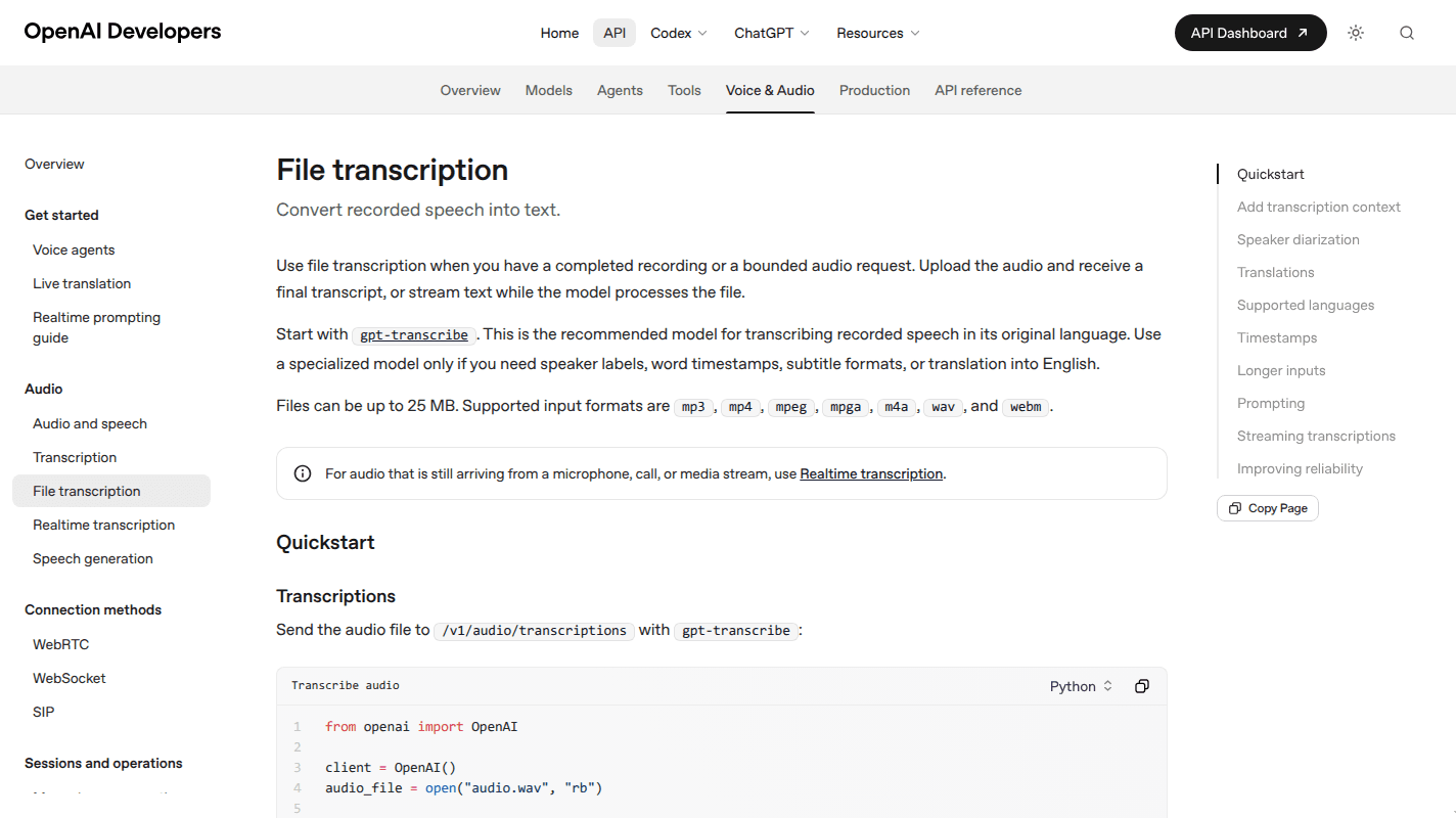 OpenAI file transcription documentation