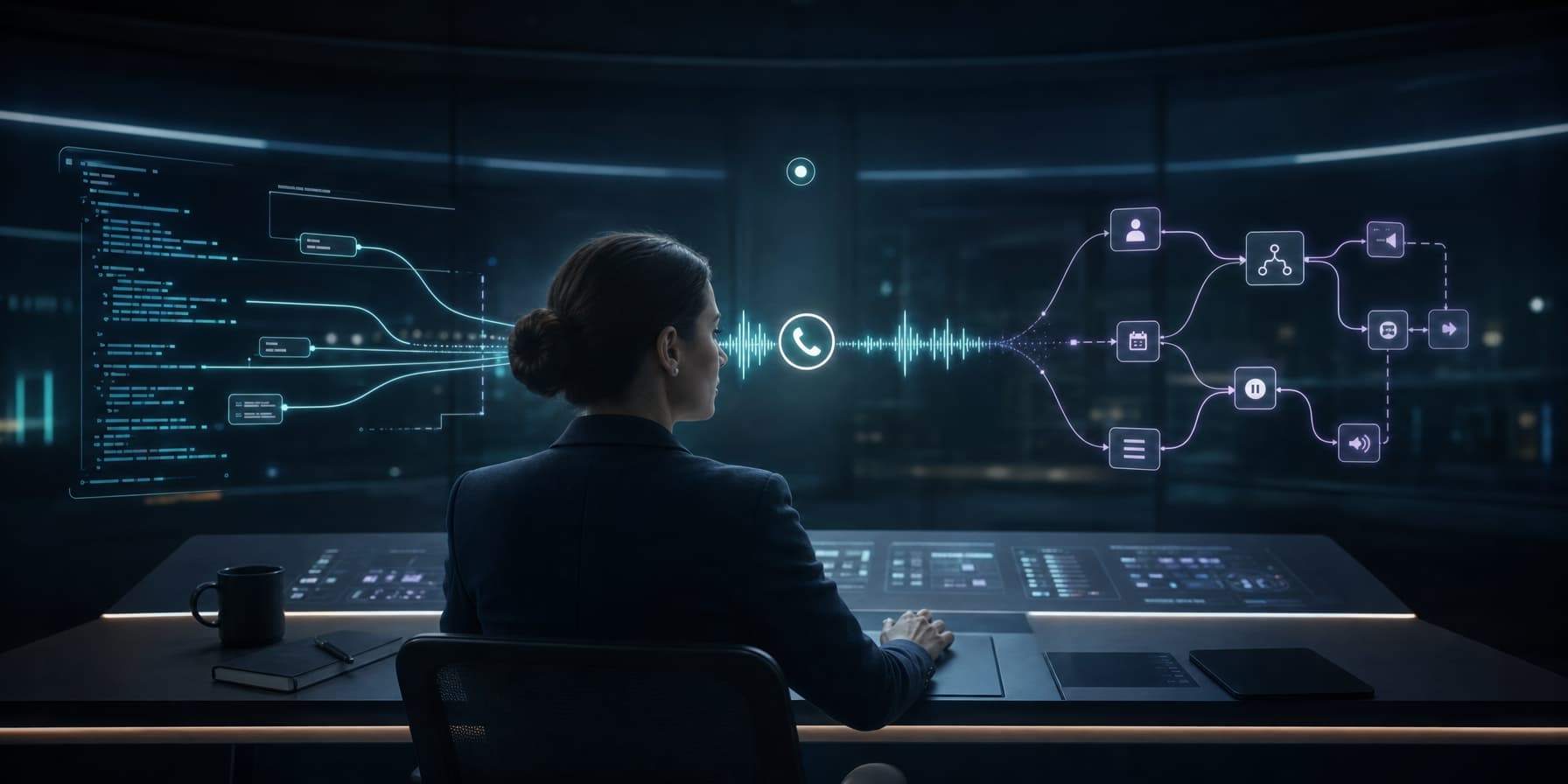 Developer controls and visual workflow nodes converging on a voice call