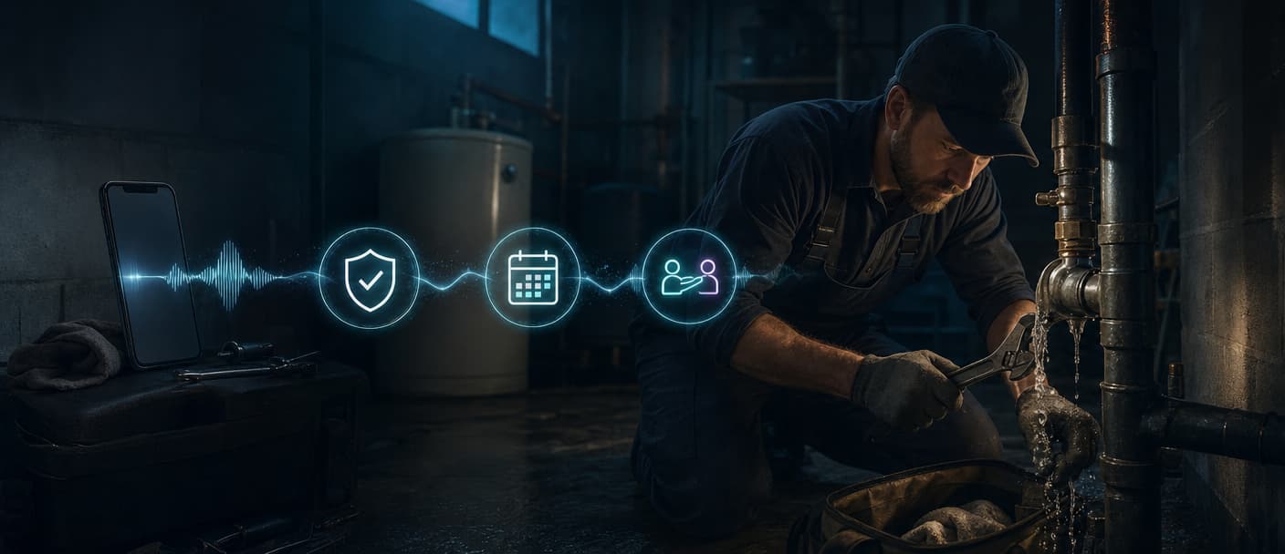 Plumber repairing a leak while a voice workflow routes intake, safety, booking, and handoff