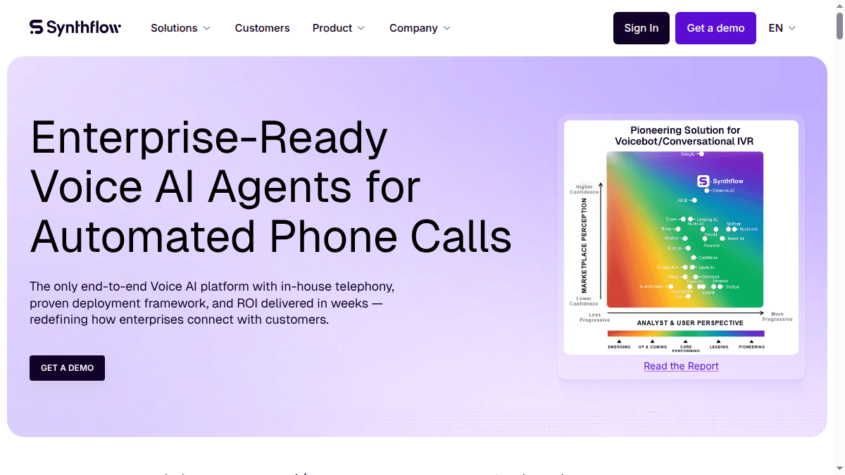 Synthflow website showing its visual voice agent platform
