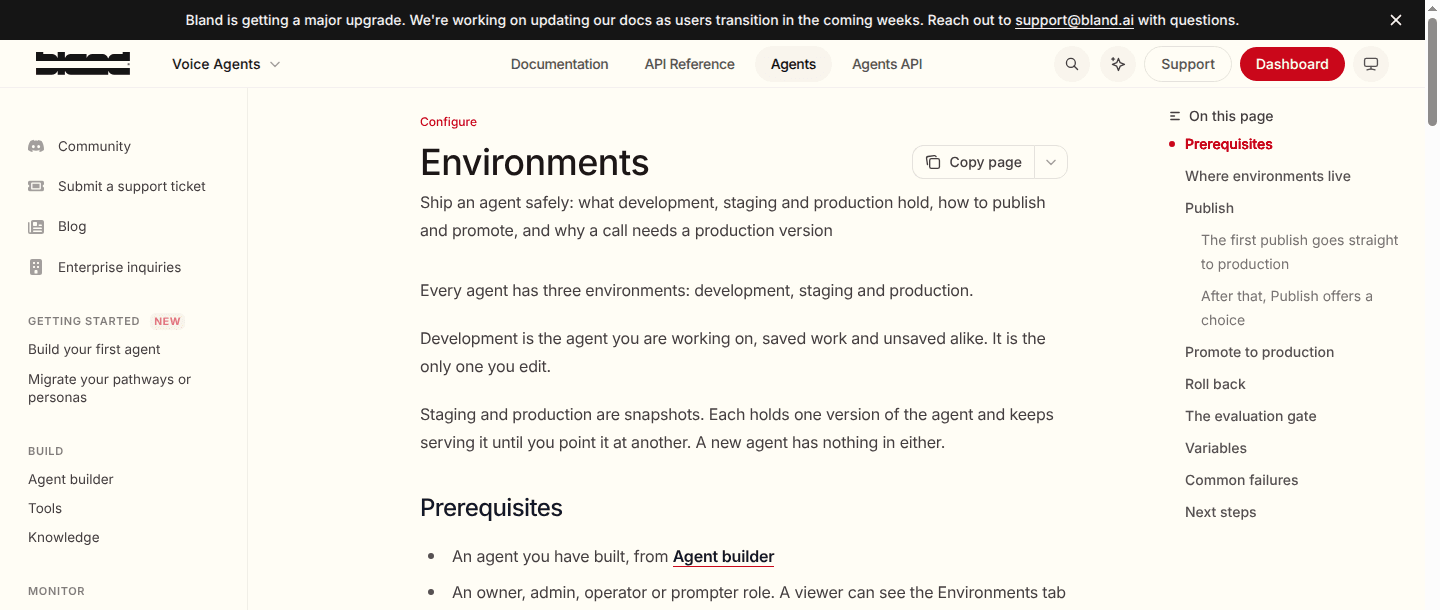 Bland documentation showing development, staging, and production environments