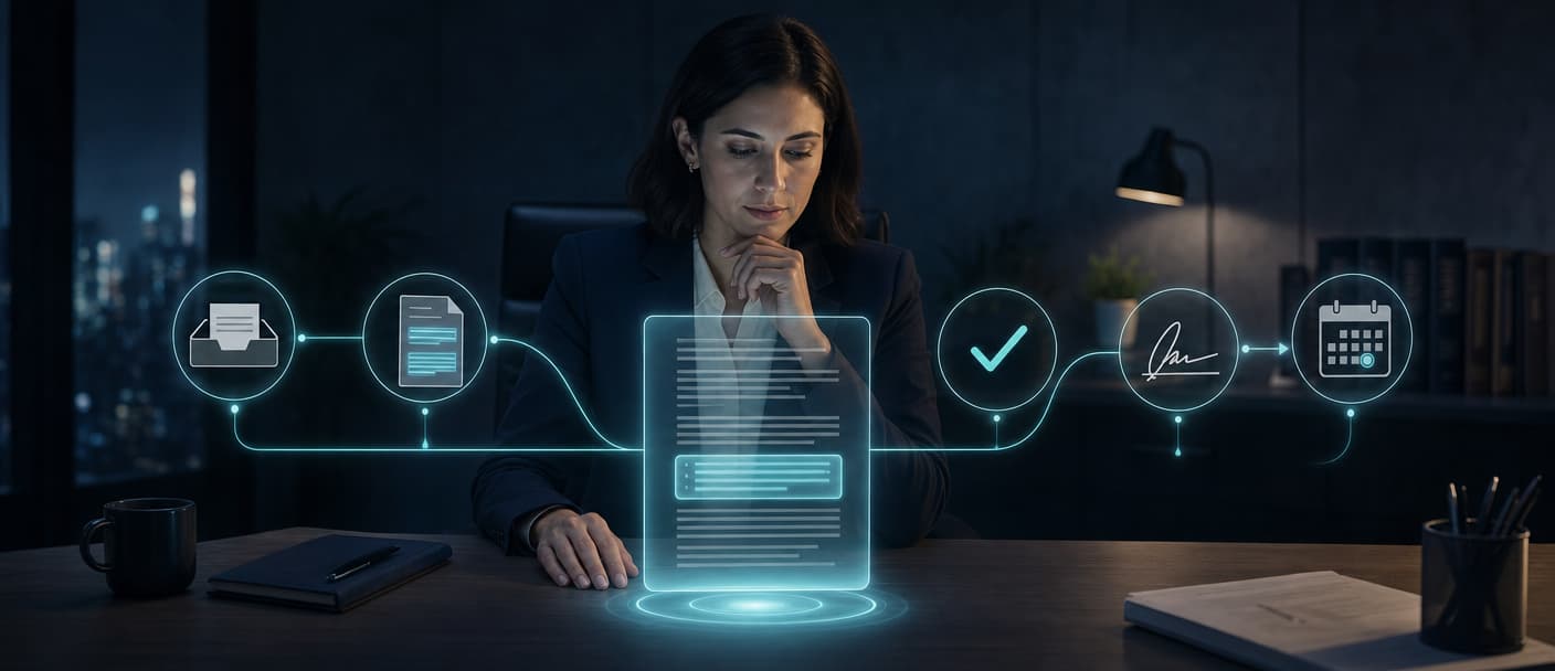 A contract moves through review, approval, execution, and obligation tracking with human control points
