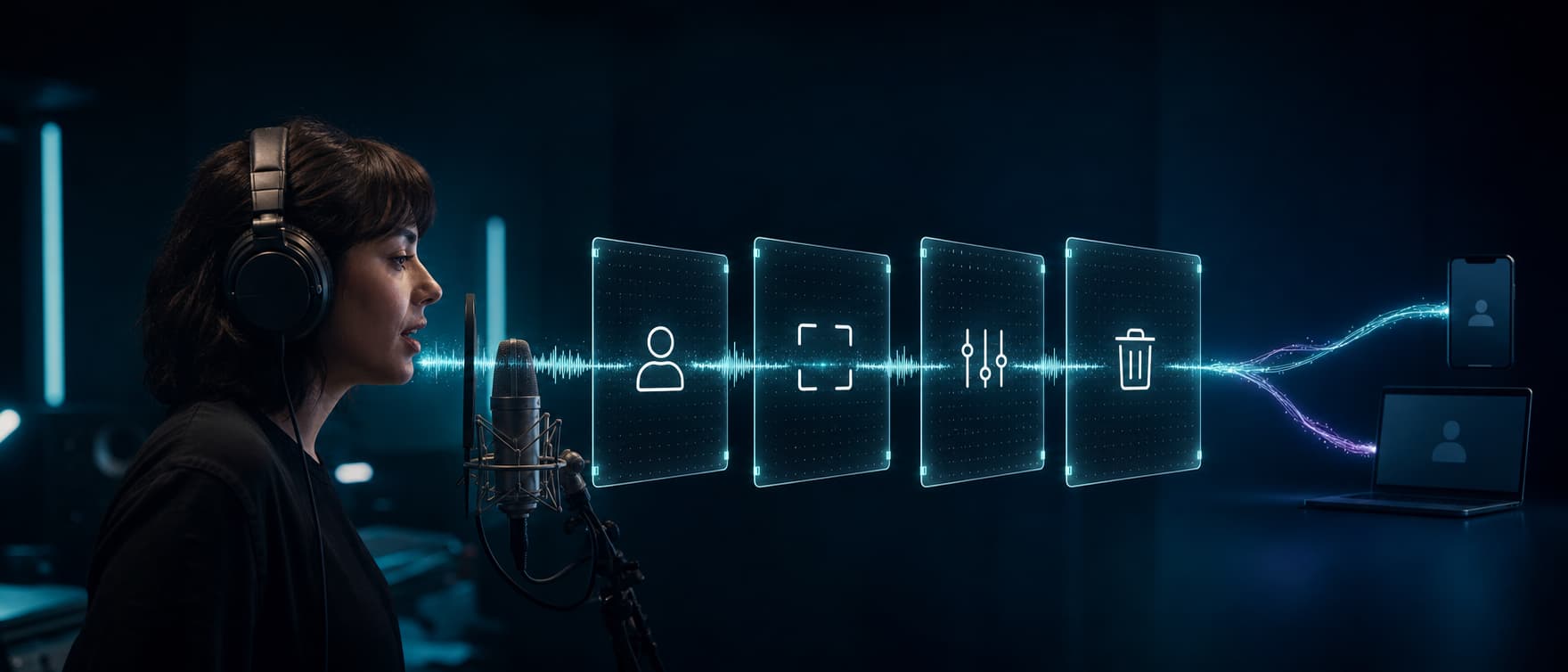 A human voice waveform passes through contract-defined permission gates into a production call path.